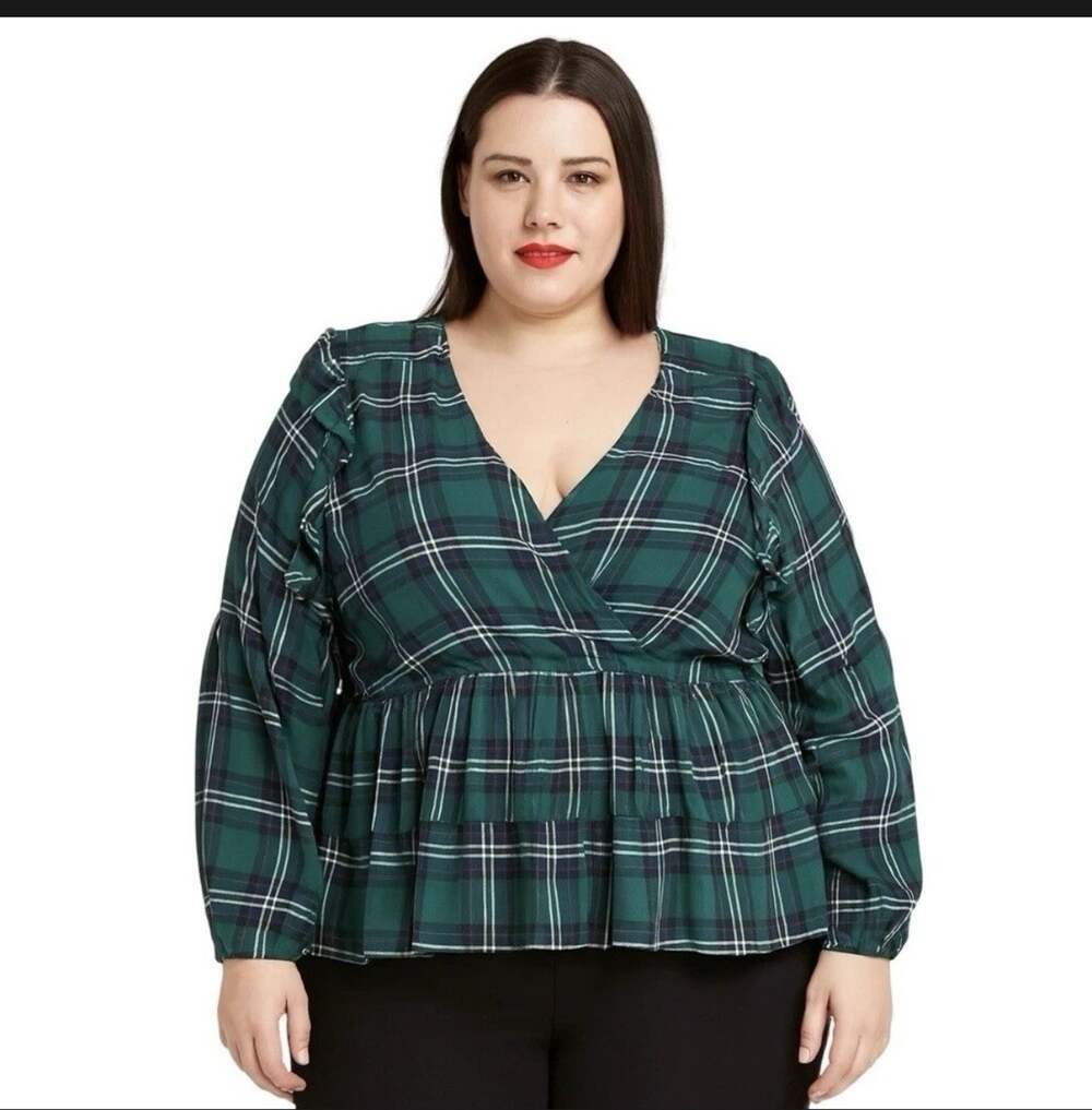 Torrid Women's 5X Green Blue Tartan Plaid Surplice Ruffle Peplum Chiffon Blouse